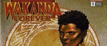 Partial image of the Amazing Spider-Man: Wakanda Forever variant edition, featuring a woman looking out menancingly, holding weapons.