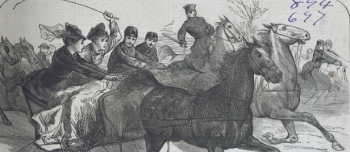 Engraved 19th century illustration of women racing a sleigh