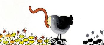 An illustration of a bird on some flowers with a worm in her mouth, the left half in color, and the right half in black and white demonstrating the preseparated art illustration technique