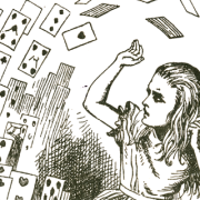 Black and white illustration of a young girl (Alice) holding her arm up in defense as a pack of playing cards flies at her.