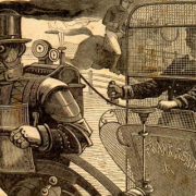 Black and white illustration of a man driving a cart being pulled by a steam powered robot wearing a top hat.