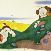 Tempera illustration of puppies on a hill with grass and flowers, with one sniffing the ground.