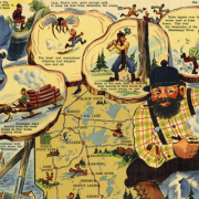 Illustration with Paul Bunyan in the bottom right corner, holding a pipe and wearing a flannel shirt, and Babe the Blue Ox in the top left, and a collage of images of various scenes from their adventures in the middle.