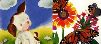 Collage of four illustrations: The Poky Little Puppy, Waiting for Wings, Goodnight Moon, All Fall Down
