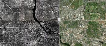 Image illustrates a comparison between historical and current aerial imagery