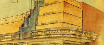 A color drawing of the exterior of a building