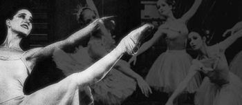 A black and white photgraph of ballerina dancers