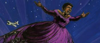 An illustration of Ella Fitzgerald in a purple dress decorated with the city skyline, singing in front of a starry sky with a cat in a green suit sitting on a crescent moon.