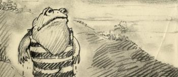 Pencil sketch of a frog wearing an old-fashioned striped bathing costume, looking glum