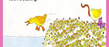Drawing of a yellow duck jumping into the water while a second yellow duck stays on land with a worm in its mouth