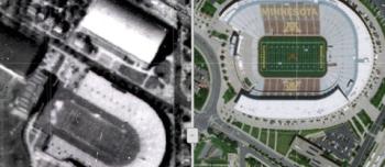 Image illustrates a comparison between historical and current aerial imagery