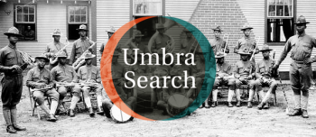 Photograph of Black uniformed soldiers in a band, holding their instruments, with the Umbra Search logo over the image