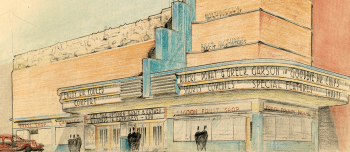 A color drawing of the Uptown Theater in Minneapolis, in pastel colors, taken from the Northwest Architectural Archives.