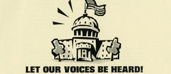 Cream colored poster with black graphics and lettering. Shows a drawing of the state capitol. 