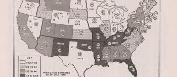 Map of the United States showing "The number of children under 18 years of age receiving aid to dependent children per thousand children under 18 in the general population, June 1950." The map is part of the American Public Welfare Association study report "Future Citizens All: A Report on Aid to Dependent Children," that described in detail families of that had received aid to dependent children and evaluated the outcomes for these children.
