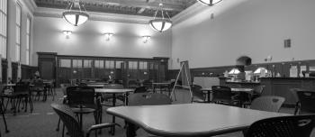 Large space with tables set up for tutoring