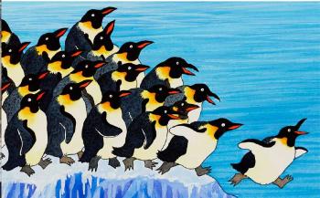 Illustration of a crown of penguins preparing to leap into the sea