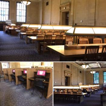 Long study tables with chairs, and computer workstations
