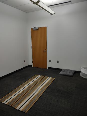 Small enclosed carpeted room with pillow and rug.