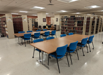 Wilson basement floor open study space; tables and chairs