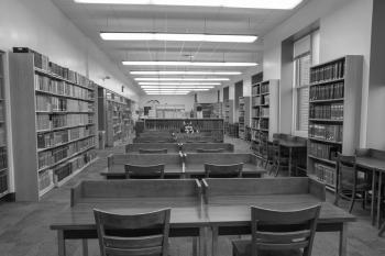 Study space with long row of tables and chairs