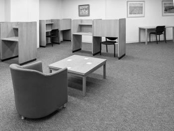 Mix of soft seating, tables and chairs, and study carrels