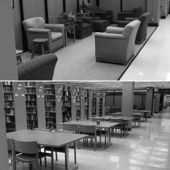 Tables and chairs near stacks; soft seating