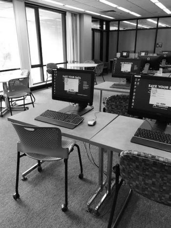 Rows of computer workstations