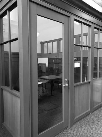 Study space enclosed in glass cubicle