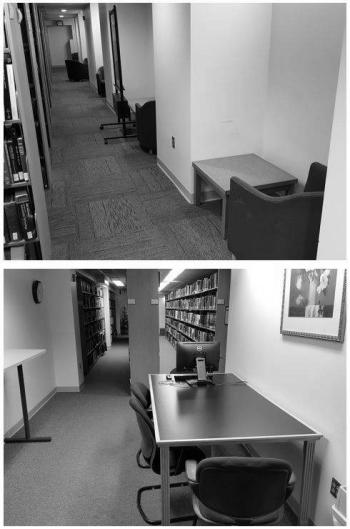 Tables and soft seating in library stacks